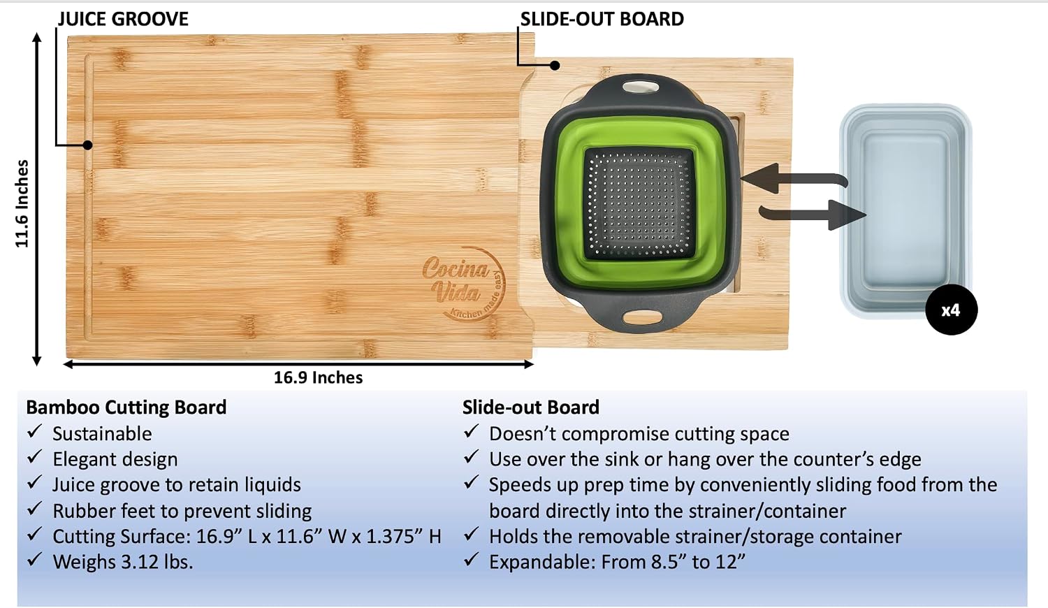 Cocina Vida Bamboo Cutting Board With 4 Collapsible Containers And Strainer, Over The Sink Cutting Board, All In One Chopping Expandable Slide-Out Meal Prep Wood Chopping Board, Kitchen Must Have