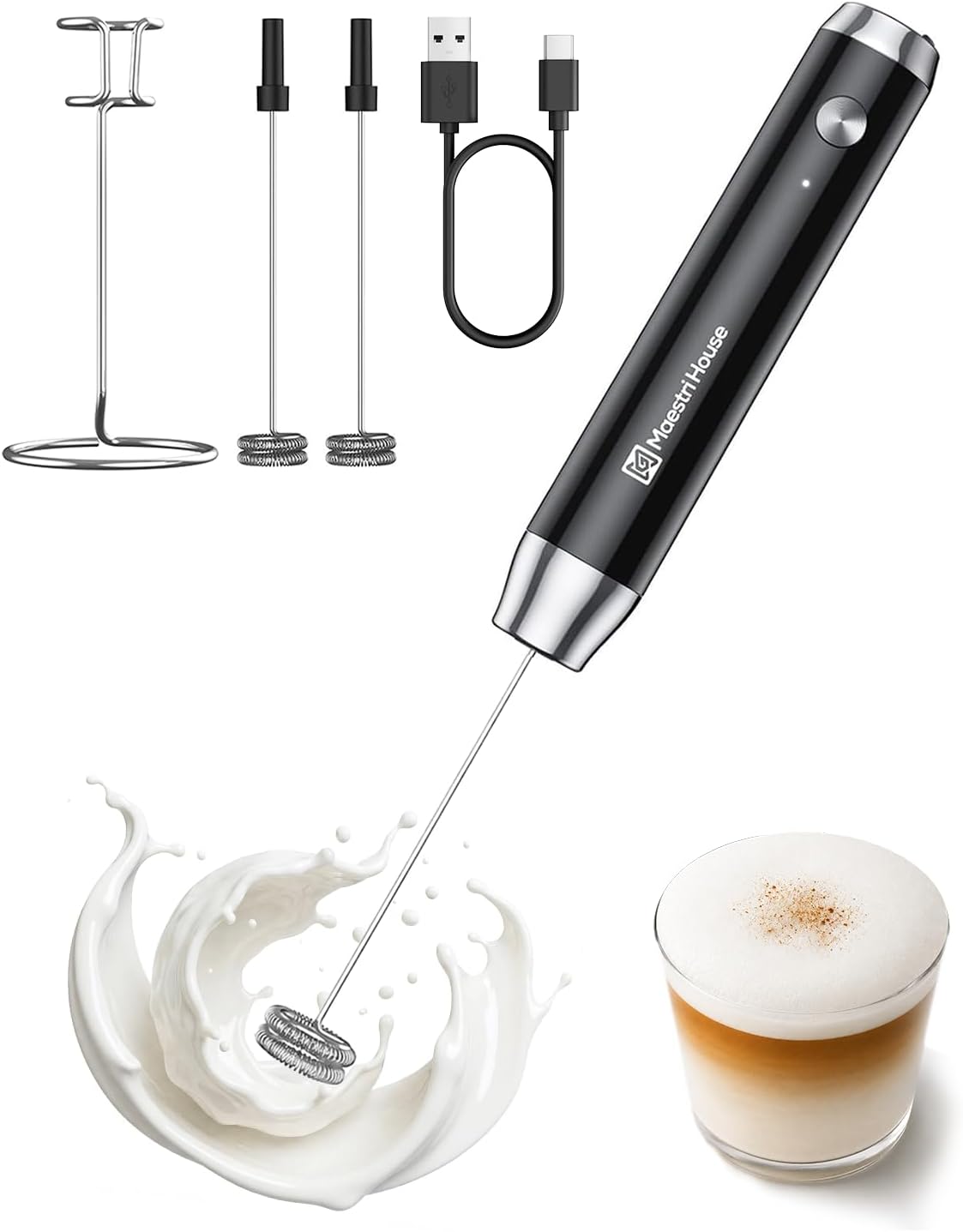 Maestri House LunaFro Rechargeable Milk Frother,Stand & 2 Detachable Whisks | 8000RPM Turbo Motor, 1200mAh lithium battery, Handheld Milk Frother for Lattes, Cappuccino, Matcha & Powdered Supplements